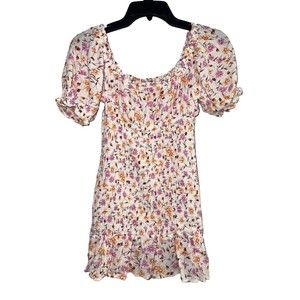 Lily Rose Womens Dress Size XS Boho Cream Cottage Floral Ruched Gypsy Puff Sleev